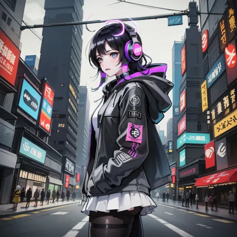 Arad woman in black and white jacket and headphones on city street, at a cyberpunk city, cyberpunk photo, hyper-realistic cyberpunk style, cyber punk style, cyberpunk beautiful girl, dreamy cyberpunk girl, Cyberpunk Anime Girl, cyberpunk anime girl in hood...