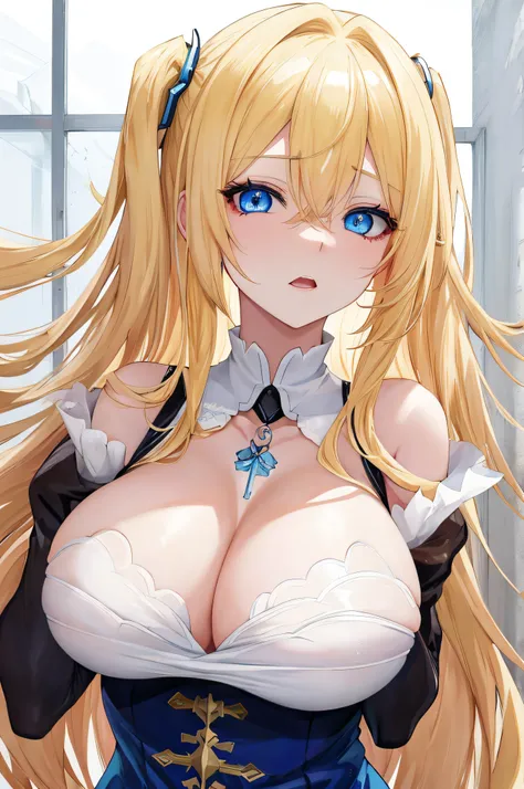 blue eyes that look like they&#39;ve been painted over,Hollow eyes,lose light from eyes,drool spills out of the mouth,Half-open mouth and expressionless expression,Brainwashed,Being hypnotized,Colossal tits,,Anime girl with big breasts and big breasts posi...