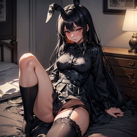 Sheer panties、Black lace panties、pussy juice、clitoris、Masturbation behavior,Pussy,A woman with rabbit ears wearing a black military uniform skirt、Long Black Hair、Black Knee High Socks