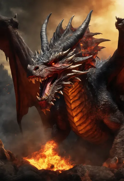 Create a realistic image of a large dragon in the middle of hell, his open mouth spewing lava burning his eyes and ears spewing flames into his mouth.