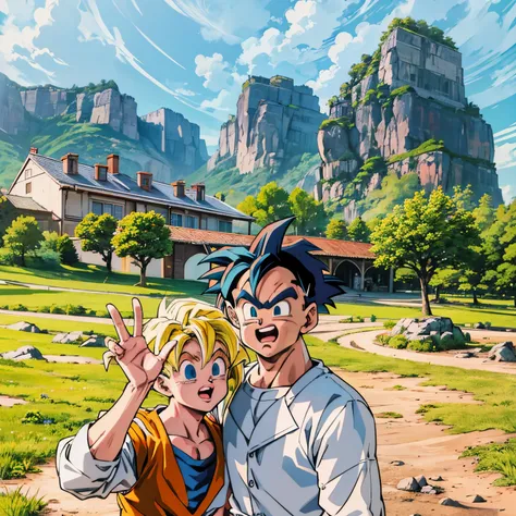 there are two people standing in a field with mountains in the background, yellow hair,super saiyan goku, super sayan, super say...