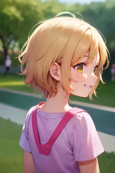 (looking away:1.2),back view, ​masterpiece、hightquality、(blonde short hair, yellow  eyes)、5-year-old girl、child, (Alone:1.5)、Wearing a pink T-shirt、(The upper body of the subject is shown:1.3)、(Smiling expression:1.1)、Bold composition、The background is a p...