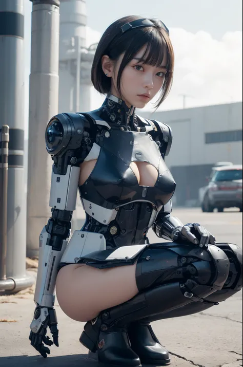 masterpiece, best quality, extremely detailed, (photorealistic:1.4),(RAW photo) (8K, 4K, Best Quality, hight resolution, 超A high resolution:1.1), (masutepiece, Realistic, Photorealsitic:1.1), 1girl in, Japaese Cyborg Girl,Plump ,navy pleated miniskirt,blac...