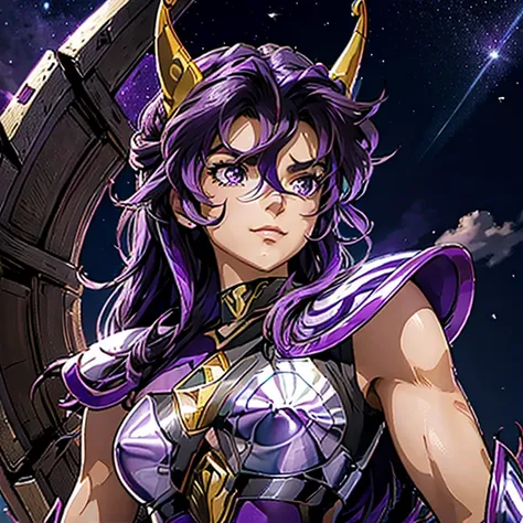 A woman wearing an armor , Saint Seiya, Unicorn Purple Armor, Dark and Purple hair, Braided long hair, , Charismatic character, Avatar de seconde vie, Nice screenshot, Femme seduisante vue complète du corps, High quality, very detailed skin