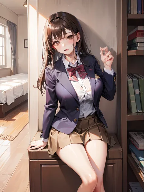 1人の女性、brown haired(long to)、Brown eyes、 Best Quality、ultra-detailliert、8K resolution、Raw photo、gorgeous faces、Schools、Blazer Uniform、huge tit