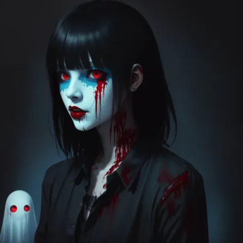 (masterpiece, best quality:1.2), cover image, splashed color background, highly detailed, colorful black, 1 girl, long silver hair, red eyes, blood on eye, head in the hand, short hair, blunt bangs, mannequin, cool face, ((( blue clthes sexy ghost))), illu...