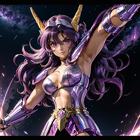 A woman wearing an armor , Saint Seiya, Unicorn Purple Armor, Dark and Purple hair, Braided long hair, , Charismatic character, Avatar de seconde vie, Nice screenshot, Femme seduisante vue complète du corps, High quality, very detailed skin