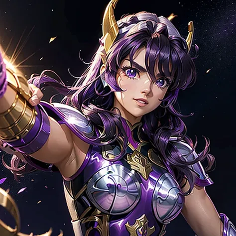 A woman wearing an armor , Saint Seiya, Unicorn Purple Armor, Dark and Purple hair, Braided long hair, , Charismatic character, Avatar de seconde vie, Nice screenshot, Femme seduisante vue complète du corps, High quality, very detailed skin