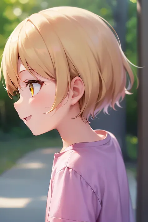 (looking away:1.2),back view, ​masterpiece、hightquality、(blonde short hair, yellow  eyes)、5-year-old girl、child, (Alone:1.5)、Wearing a pink T-shirt、(The upper body of the subject is shown:1.3)、(Smiling expression:1.1)、Bold composition、The background is a p...