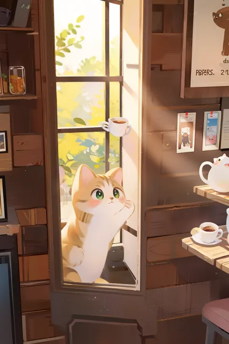 Cute cat, In the coffee house , sun light from window.