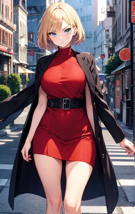 2D Anime Style、Beautiful blue eyes,(Talented lo-fi:1.3),breasts are slightly larger、short blond hair,Cool adult woman with an angry expression,RED dress,Wear a long black coat,walking in city,European-style cityscape,