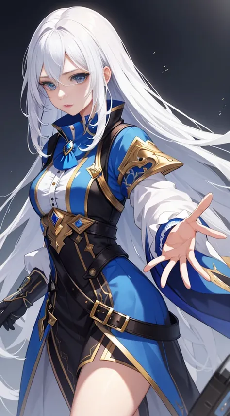 masterpiece, best quality, beautiful clean face, Super-detailed eyes, 1 girl, 25 years old, white hair, long hair, fashioned like a character in a fantasy game, dressed like a game adventurer, blue clothing, with a graceful appearance, 8k, ultra detailed, ...