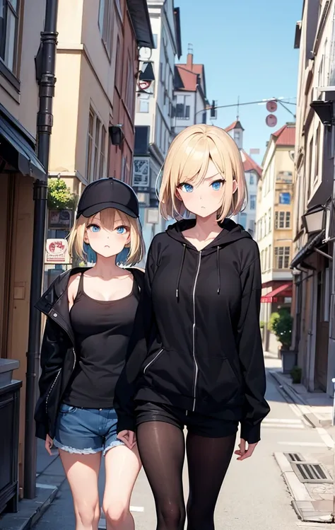 2D Anime Style、Beautiful blue eyes,(Talented lo-fi:1.3),breasts are slightly larger、short blond hair,Cool adult woman with an angry expression,Black tops,shortpants,Wear a long black coat,walking in city,European-style cityscape,