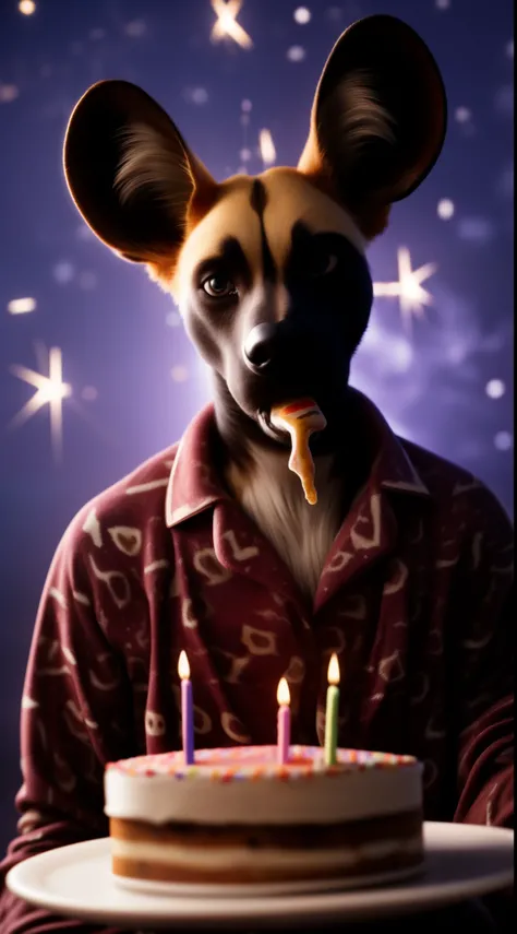 An African wild dog looking at the viewer while eating a slice of his birthday cake wearing only pajamas and a realistic background with shooting stars at night ultra realistic digital art in 3D full HD super high resolution