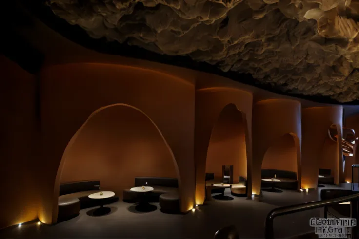 Close-up of a cafe with a ceiling covered in caves, rounded ceiling, , cave environment lighting, cavernous interior wide shot, Cha Shibiao, cave lighting, dezeen, ceiling hides in the dark, cave setting, , Michelin star cafe, The roof of the cave is visib...