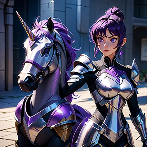 A woman wearing an armor , Saint Seiya, Unicorn Purple Armor, Dark and Purple hair, short hair, , Charismatic character, Avatar de seconde vie, Nice screenshot, Femme seduisante vue complète du corps, High quality, very detailed skin