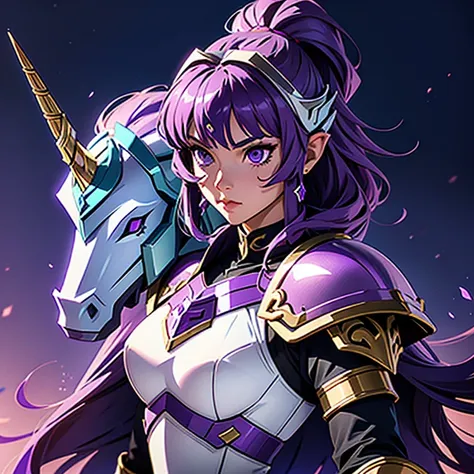 A woman wearing an armor , Saint Seiya, Unicorn Purple Armor, unicorn helmet, Dark and Purple hair, short hair, , Charismatic character, Avatar de seconde vie, Nice screenshot, Femme seduisante vue complète du corps, High quality, very detailed skin