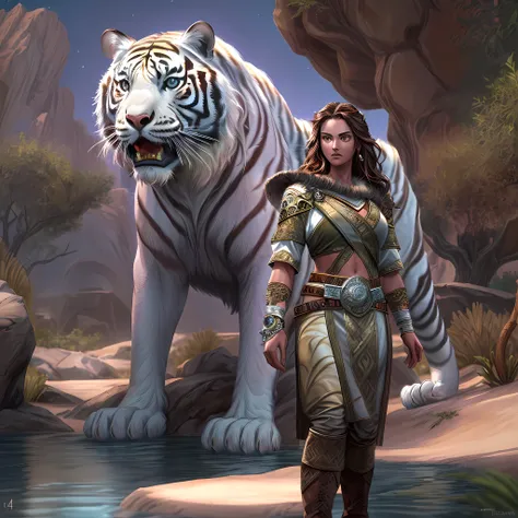 high details, best quality, 8k, [ultra detailed], masterpiece, best quality, (extremely detailed), dynamic angle, ultra wide shot, RAW, photorealistic, fantasy art, dnd art, rpg art, realistic art, a wide angle picture of a female human druid and her pet w...