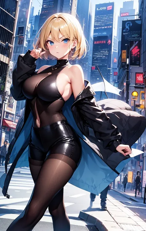 An ultra-high picture quality,2D Anime Style、Beautiful blue eyes,(Talented lo-fi:1.3),breasts are slightly larger、short blond hair,Cool adult woman with an angry expression,Black tops,Black shorts,Wear black tights,Wear high heels,Wear a long black coat,wa...