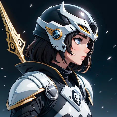 A woman wearing a Penguin armor, , Saint Seiya, penguin black and white Armor,  penguin helmet, Dark hair, short hair, , Charismatic character, Avatar de seconde vie, Nice screenshot, Femme seduisante vue complète du corps, High quality, very detailed skin