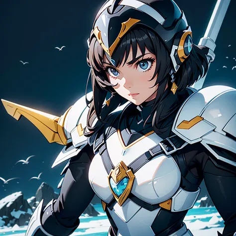 A woman wearing a Penguin armor, , Saint Seiya, penguin black and white Armor,  penguin helmet, Dark hair, short hair, , Charismatic character, Avatar de seconde vie, Nice screenshot, Femme seduisante vue complète du corps, High quality, very detailed skin