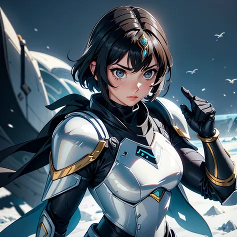 A woman wearing a Penguin armor, , Saint Seiya, penguin black and white Armor,  penguin helmet, Dark hair, short hair, , Charismatic character, Avatar de seconde vie, Nice screenshot, Femme seduisante vue complète du corps, High quality, very detailed skin