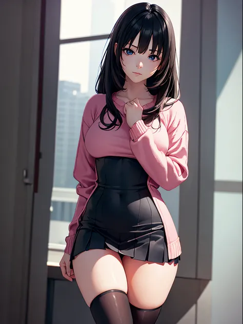 A woman wearing a pink sweater and a white pleated skirt, with black stockings on her legs, exposing her abdomen. She has a great figure, but her head is not visible. (best quality,4k,realistic),(best quality,4k,realistic)!!,[ 4K digital art ]!! perfect fi...