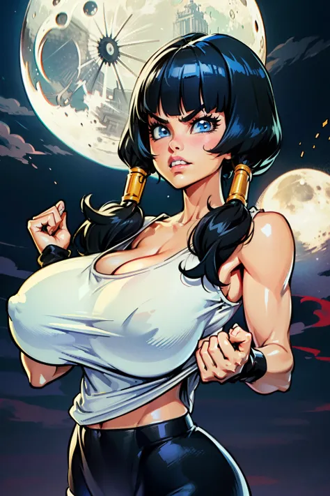 Waifu, masterpiece, curvy, breasts, moon, full moon, gloves, 1girl, clenched teeth, videl, cleavage, large breasts, teeth, ((straight black hair)), ((white top:1.3)), blue eyes, rating:explicit,rule34, hardcore, tits,clenched hands, night, sky, ((side bang...