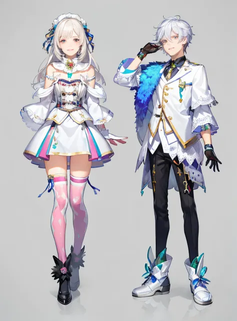 (((Best quality at best))),tmasterpiece, A boy and a girl, Character setting, clothing design, Colorful, amazing body,Colorful,White colored fur coat,Iridescent reflections,16k,k hd