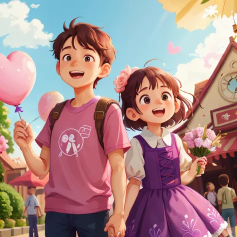 boy and girl，a couple，Heart of Love ，Holding flowers，Amusement park scene，many balloons,cheerfulness，Rejoice，Perfect quality，Clear focus（clutter - home：0.8）， （tmasterpiece：1.2） （realisticlying：1.2） （Bokeh） （best qualtiy） （detailedskin：1.3） （intricate-detai...