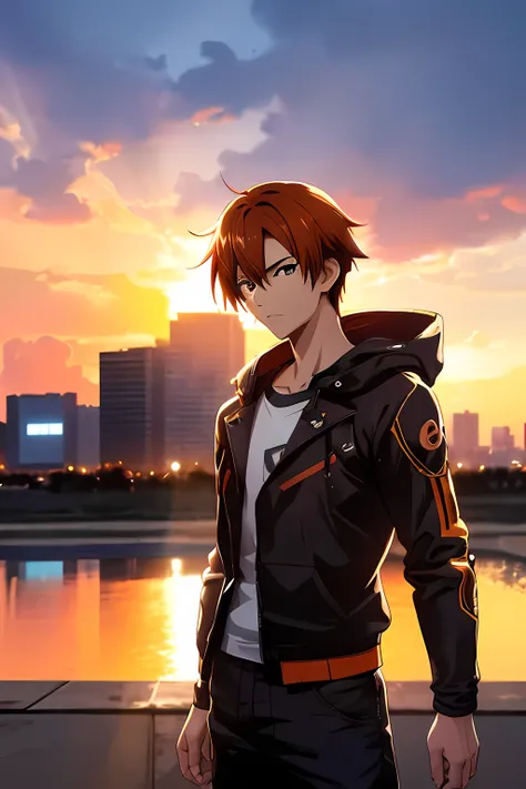 A young man from Cyberpunk Edgerunners with messy dark orange hair, anime art by Makoto Shinkai. (best quality, 4k, highres, masterpiece:1.2), ultra-detailed, realistic:1.37, HDR, vivid colors, bokeh, studio lighting, physically-based rendering.