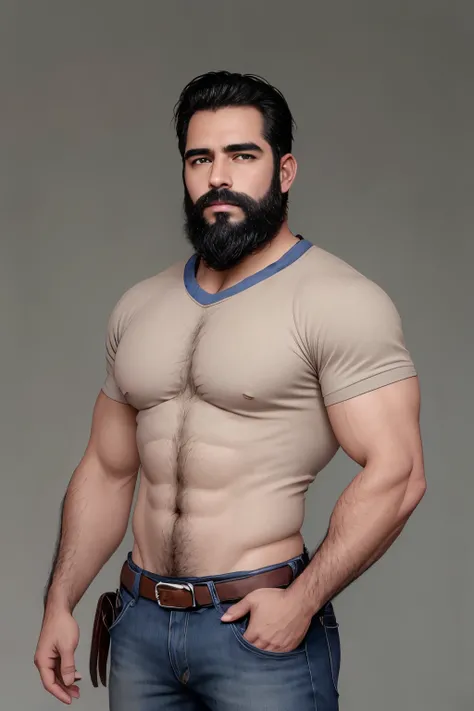 An illustration of a Greek god with a muscular build and a thick beard............................., designed in modern western attire............................. Tiene una camisa blanca y jeans............................. His expression is confident and...