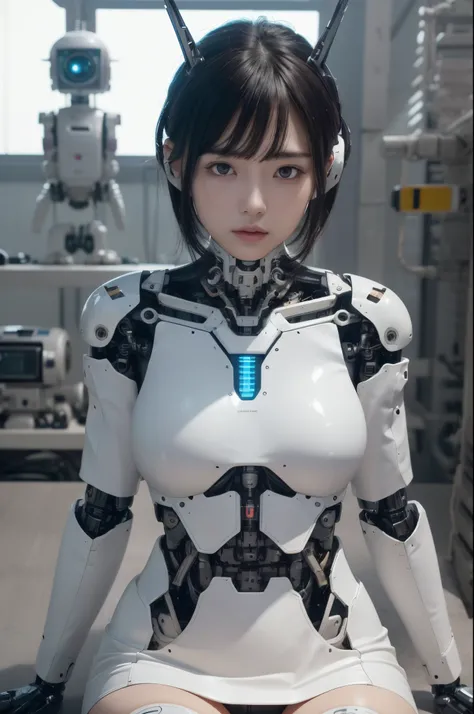 masterpiece, best quality, extremely detailed, (photorealistic:1.4),(RAW photo) (8K, 4K, Best Quality, hight resolution, 超A high resolution:1.1), (masutepiece, Realistic, Photorealsitic:1.1), 1girl in, Japaese Cyborg Girl,Plump ,navy pleated miniskirt,blac...