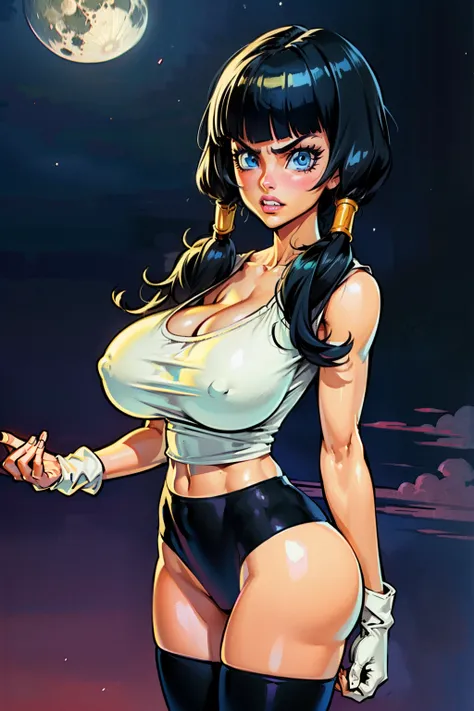 Waifu, masterpiece, curvy, breasts, moon, full moon, gloves, 1girl, clenched teeth, videl, cleavage, large breasts, teeth, ((straight black hair)), ((white top:1.3)), blue eyes, rating:explicit,rule34, hardcore, tits,clenched hands, night, sky, ((side bang...