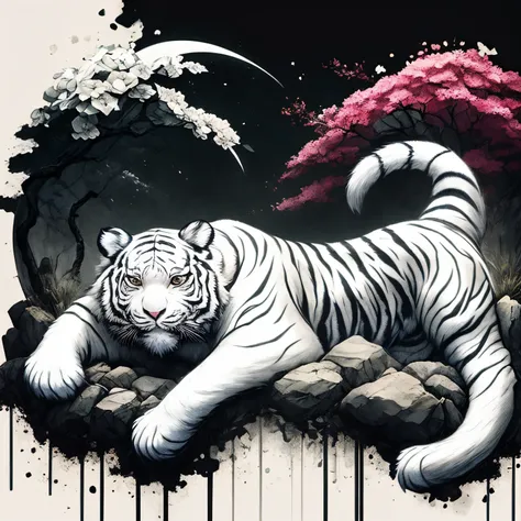 (the white tiger:1.4)，Composing a landscape， Monte， Eau， that tree，Color ink，Color dripping，