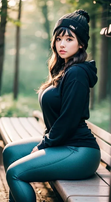 Beautiful sensual woman with a curvy body, long hair, bangs, french braid, wide waist, fitting breasts, curvy accentuated booty, sparkling eyes, long eyelashes, Strong calves, shy Look, taniaayusiregar, hoodie, leggings, sneakers, beanie, sitting on a benc...