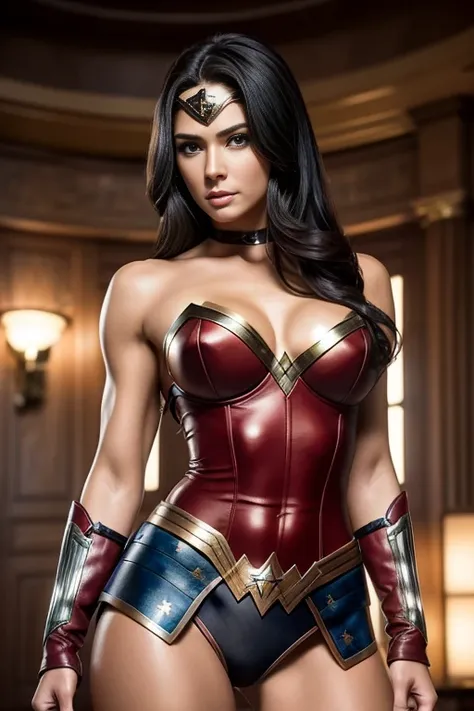 photography of a beautiful woman cosplaying wonder woman, regular makeup,stunning face,sexy fit body,six pack abs, leather clothes,really large leather belt,baggy pants,red strapless bra,detailed symmetric eyes with circular iris,perfect detailed face,sexy...