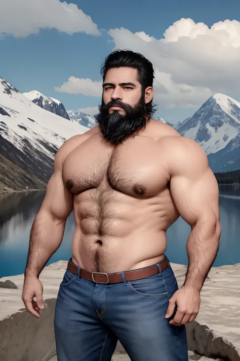 An illustration of a Greek god with a muscular build and a thick beard.................................., designed in modern western attire.................................. Tiene una camisa blanca y jeans.................................. His expression i...