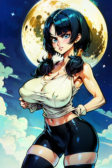 Waifu, masterpiece, curvy, breasts, moon, full moon, gloves, 1girl, clenched teeth, videl, cleavage, large breasts, teeth, ((straight black hair)), ((white top:1.3)), blue eyes, rating:explicit,rule34, hardcore, tits,clenched hands, night, sky, ((side bang...