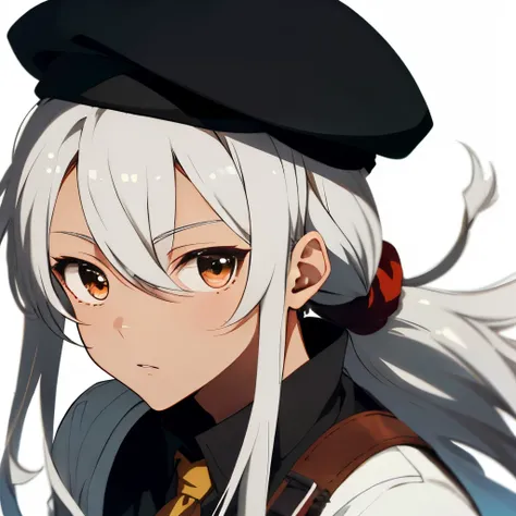 Hot anime guy male with brown skin, short white dreadlocks, wearing a black beret on his head