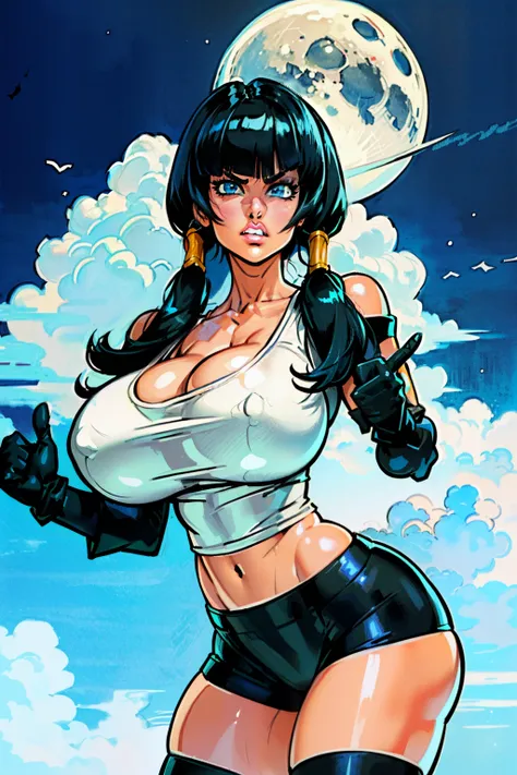 Waifu, masterpiece, curvy, breasts, moon, full moon, gloves, 1girl, clenched teeth, videl, cleavage, large breasts, teeth, ((straight black hair)), ((white top:1.3)), blue eyes, rating:explicit,rule34, hardcore, tits,clenched hands, night, sky, ((side bang...