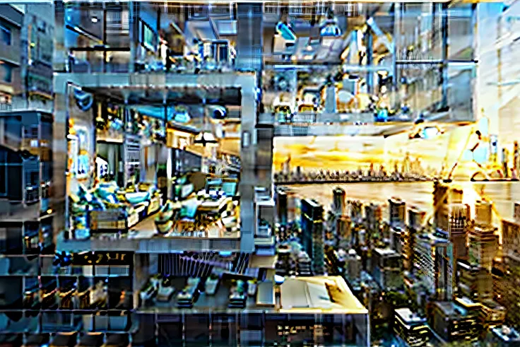 A cityscape with large buildings and sunset, , artistation render, Extremely detailed rendering, hyperreal rendering, perched on a skyscraper, building rendering, high render, mantra rendering, skyline showing from the windows, building rendering, arhitect...