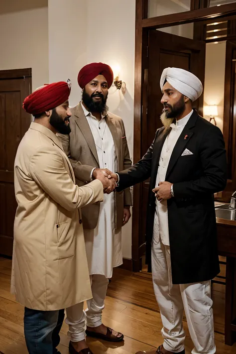 Three men standing in one place, shaking hands with one hand and holding a knife hidden behind the other. The first man has a long black beard, wears a white Punjabi, coat over the Punjabi, and has industrialist written on his chest.  The second man has a ...