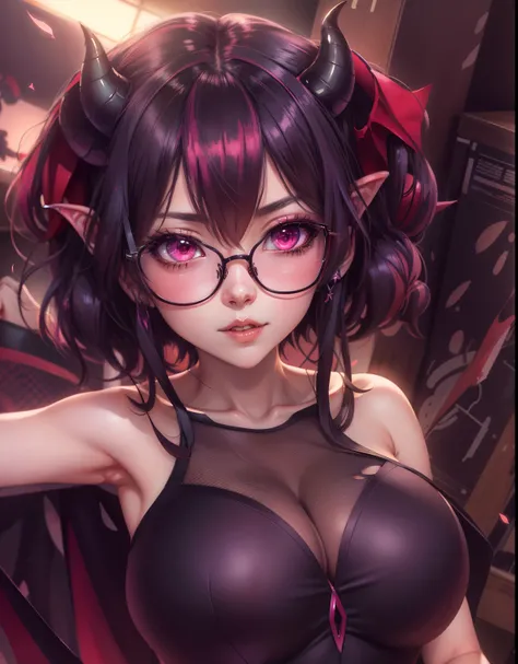 Anime girl with horns and glasses posing for a photo, menina anime sedutora, menina anime demon, Succubus bonito, Persona 5 Estilo Arte wlop, Succubus em vestido curto apertado, Succubus no retrato do vestido de sol, arte de anime digital detalhada, Demon ...