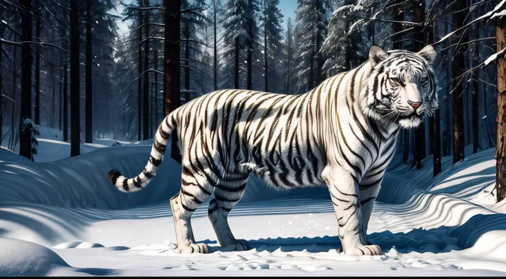 white tiger in a snowy forest, full body shot