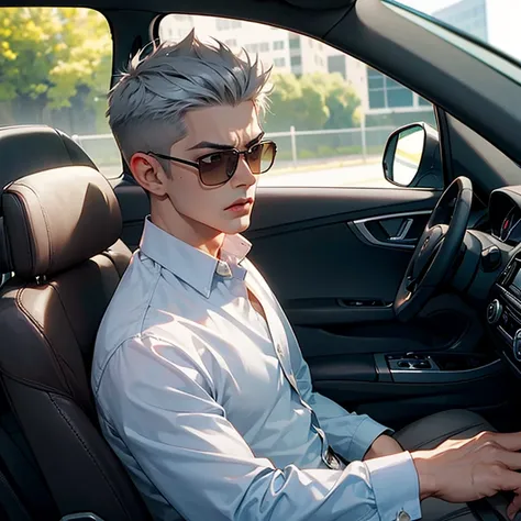 Handsome boy, angry face, fade haircut, gray hair, sunglasses, in the car, stylish shirt, masterpiece, 8k ultra.