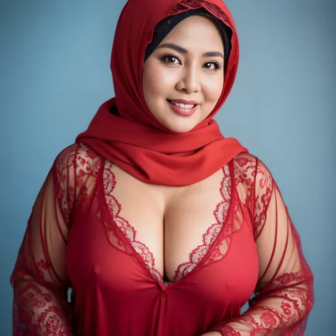 56 Years old, matured malay woman in hijab wearing lace red color pajamas portrait photography, mid shot photo, ultra detail, professional photograph with professional lighting, smile, light blue studio background, sexy seducing pose, curvy body, huge matu...