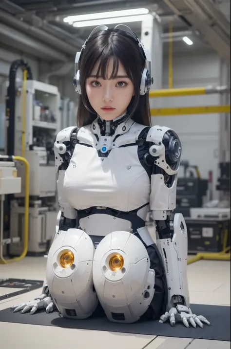 masterpiece, best quality, extremely detailed, (photorealistic:1.4),(RAW photo) (8K, 4K, Best Quality, hight resolution, 超A high resolution:1.1), (masutepiece, Realistic, Photorealsitic:1.1), 1girl in, Japaese Cyborg Girl,Plump ,navy pleated miniskirt,blac...