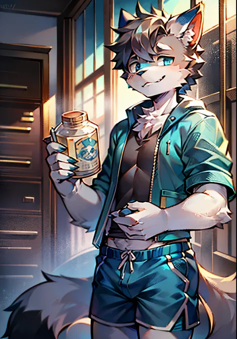 eyes with brightness, in a panoramic view, Character Focus Solo, shaggy, Furry male cat, Blue-white fur for men, blue color eyes, Gray hair(The long），Wear blue shorts and shorts，CasualClothing，Young style，height of one meter seven，handsome， There is a tail...