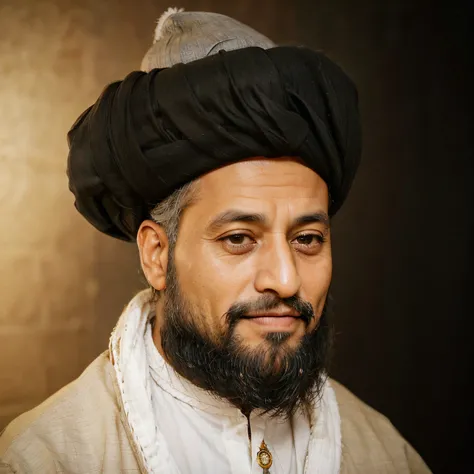 make his face look 55 years old, makes facial expressions flat , arafed man with a beard and a black turban, captured on canon eos r 6,